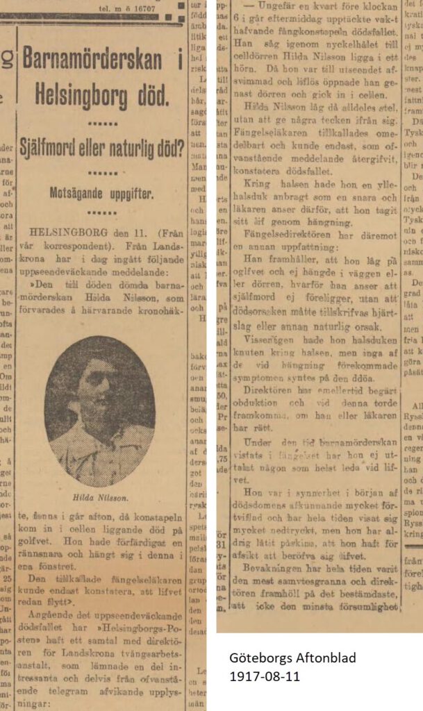 Göteborgs Aftonblad 1917-08-11 om Hilda Nilssons död.